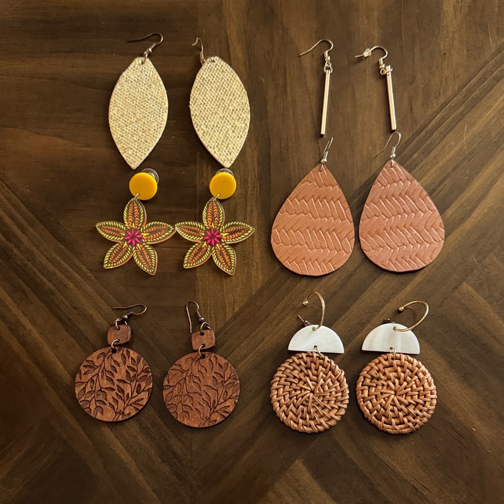 Set of 6 Nature-Inspired Earrings | Cottagecore Wood & Rattan Dangles
